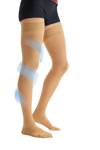 CURAD Thigh-High Compression Hosiery with 15-20 mmHg, Tan, Size D, Regular