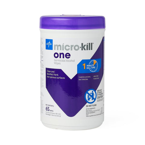 Medline Micro-Kill One Germicidal Alcohol Wipes, Reclosable Canister, 65-Count, 7" x 15" (case of 12)