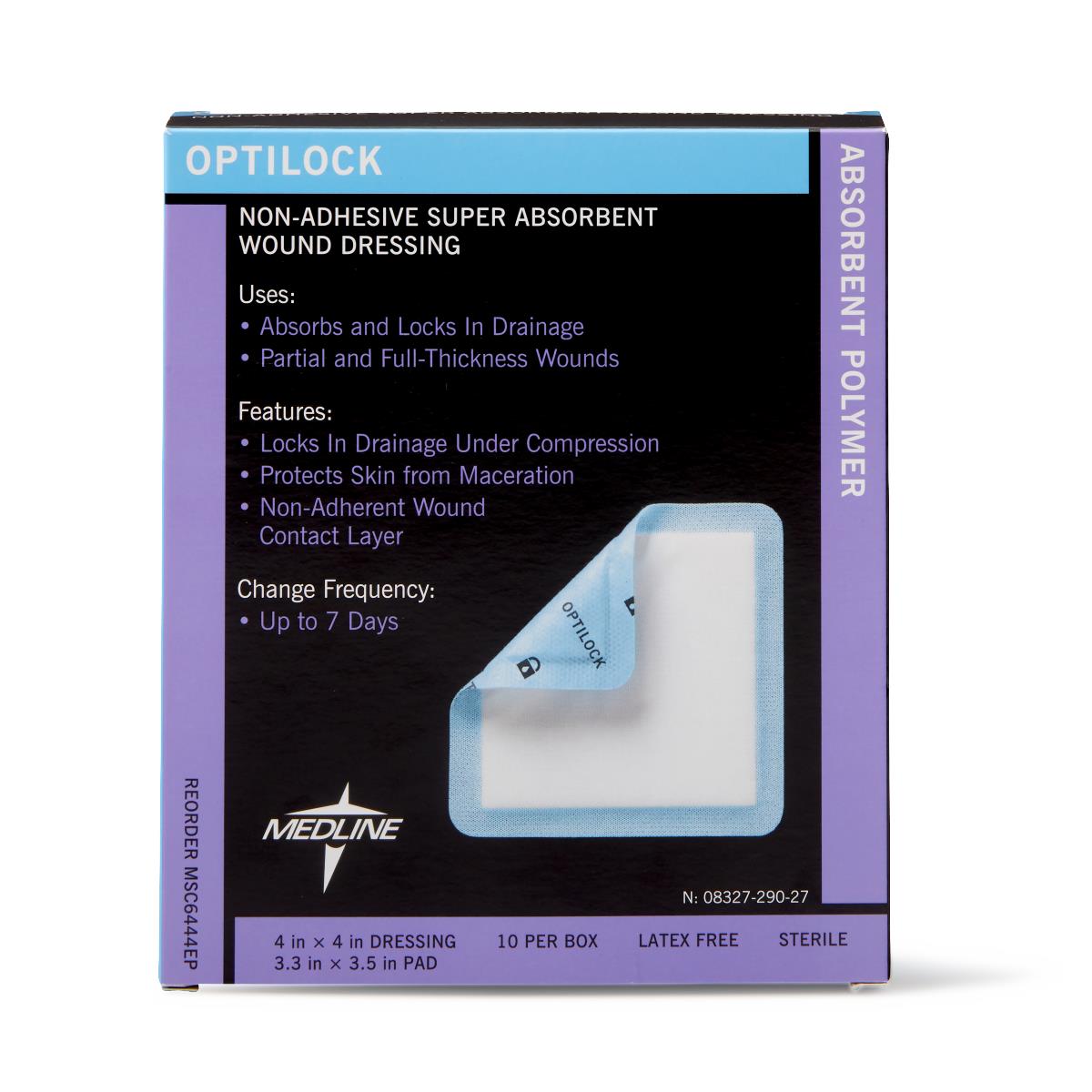 OptiLock Nonadhesive Super Absorbent Wound Dressings, 4" x 4" (box of 10)