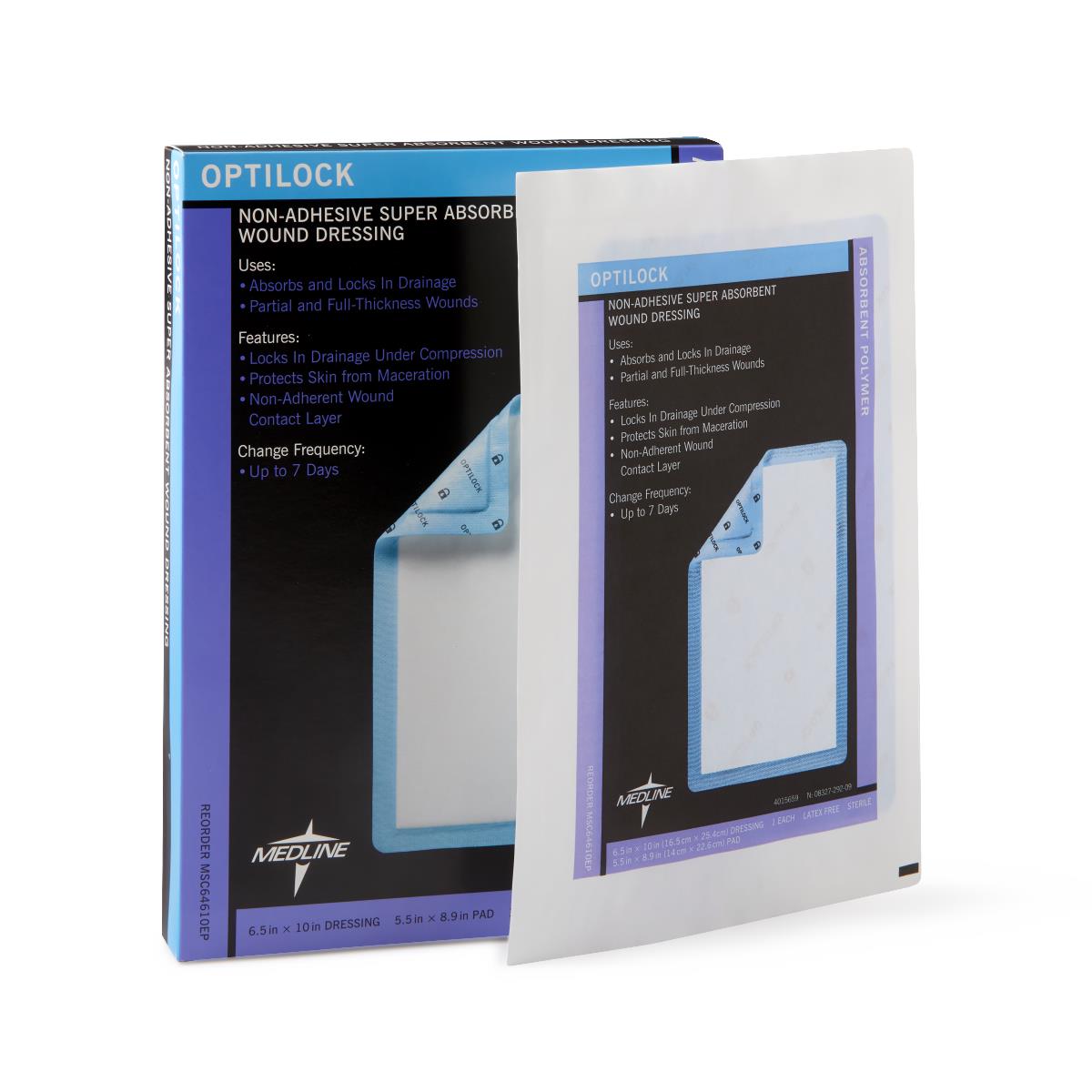 OptiLock Nonadhesive Super Absorbent Wound Dressings, 6.5" x 10" (box of 10)