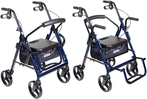 Drive Medical Duet Dual Function Transport Wheelchair Rollator Rolling Walker, Blue