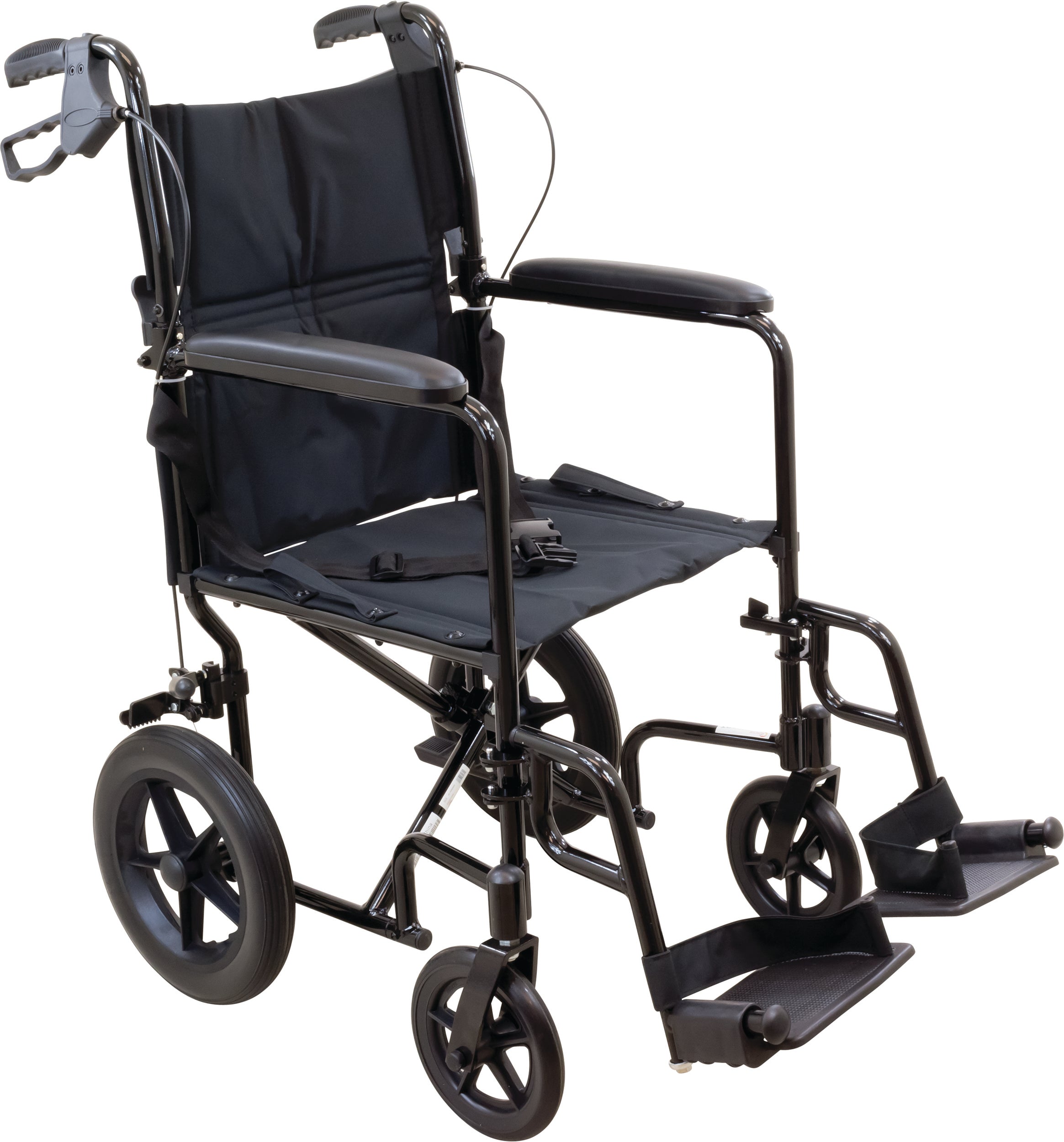 Transport Chair with 12-inch Rear Wheels, Aluminum Frame, Fixed Full-Length Arms and Swing-Away Footrests with Heel Loops