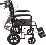 Transport Chair with 12-inch Rear Wheels, Aluminum Frame, Fixed Full-Length Arms and Swing-Away Footrests with Heel Loops