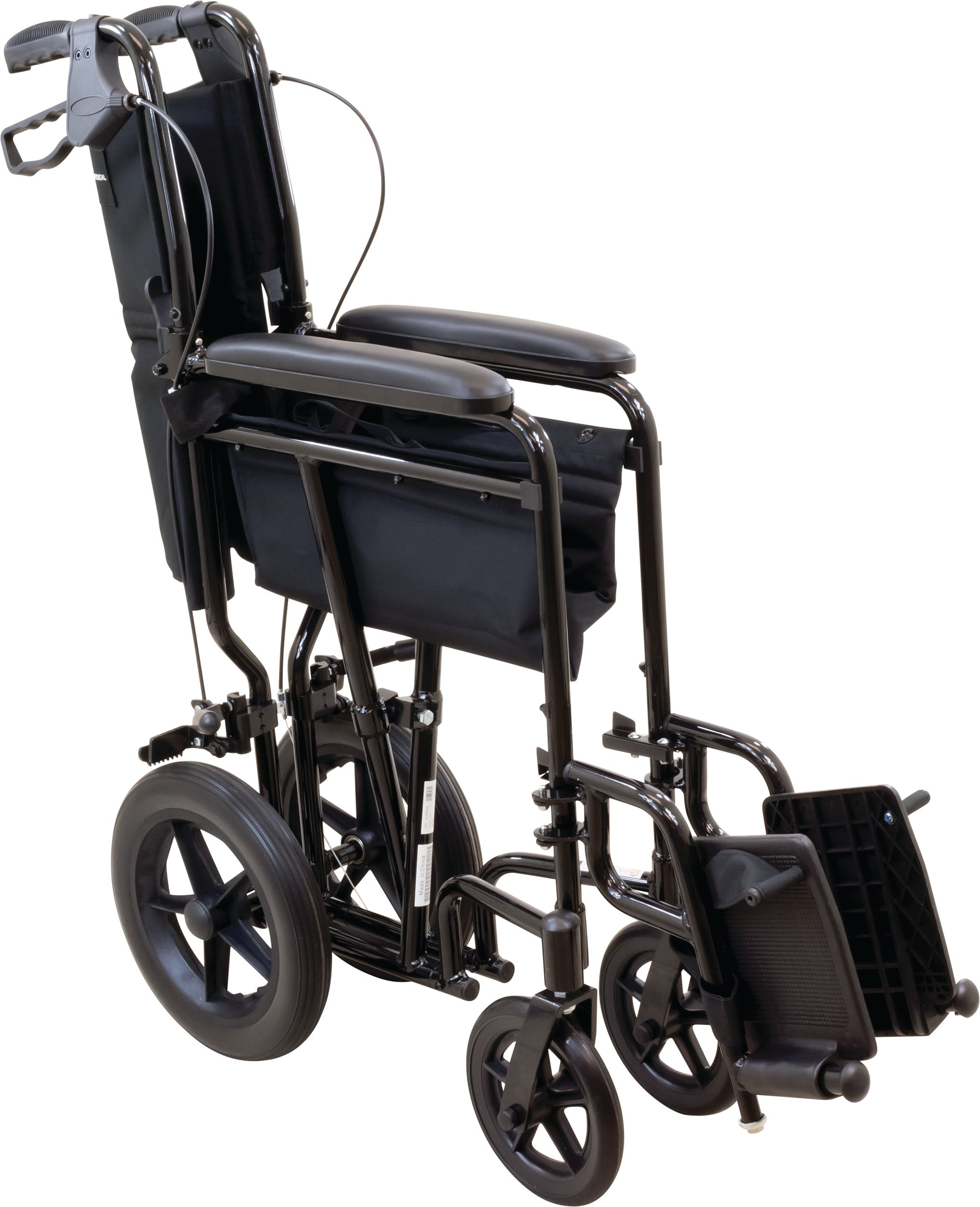 Transport Chair with 12-inch Rear Wheels, Aluminum Frame, Fixed Full-Length Arms and Swing-Away Footrests with Heel Loops