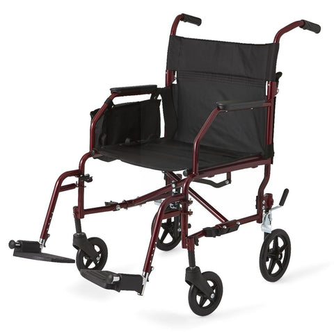 Ultralight Steel Transport Chair with Removable Wheels, Red