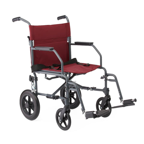 Basic Steel Transport Chair with Permanent Full-Length Arms and Swing-Away Footrests, Burgundy