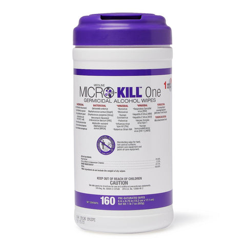 Medline Micro-Kill One Germicidal Alcohol Wipes, Reclosable Canister, 65-Count, 7" x 15" (case of 12)
