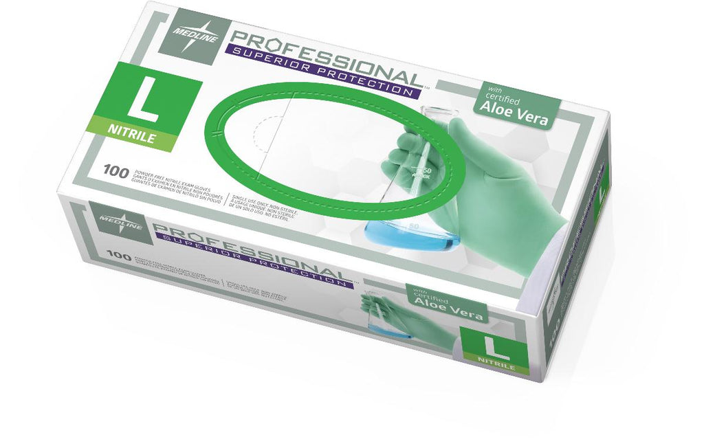 Professional Powder-Free Textured Nitrile Exam Gloves with Aloe, Large (box of 100)